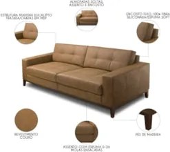 Sofá 3 Lugares Para Sala Living 210cm Ronie L08 Couro Camel  - Mpozena