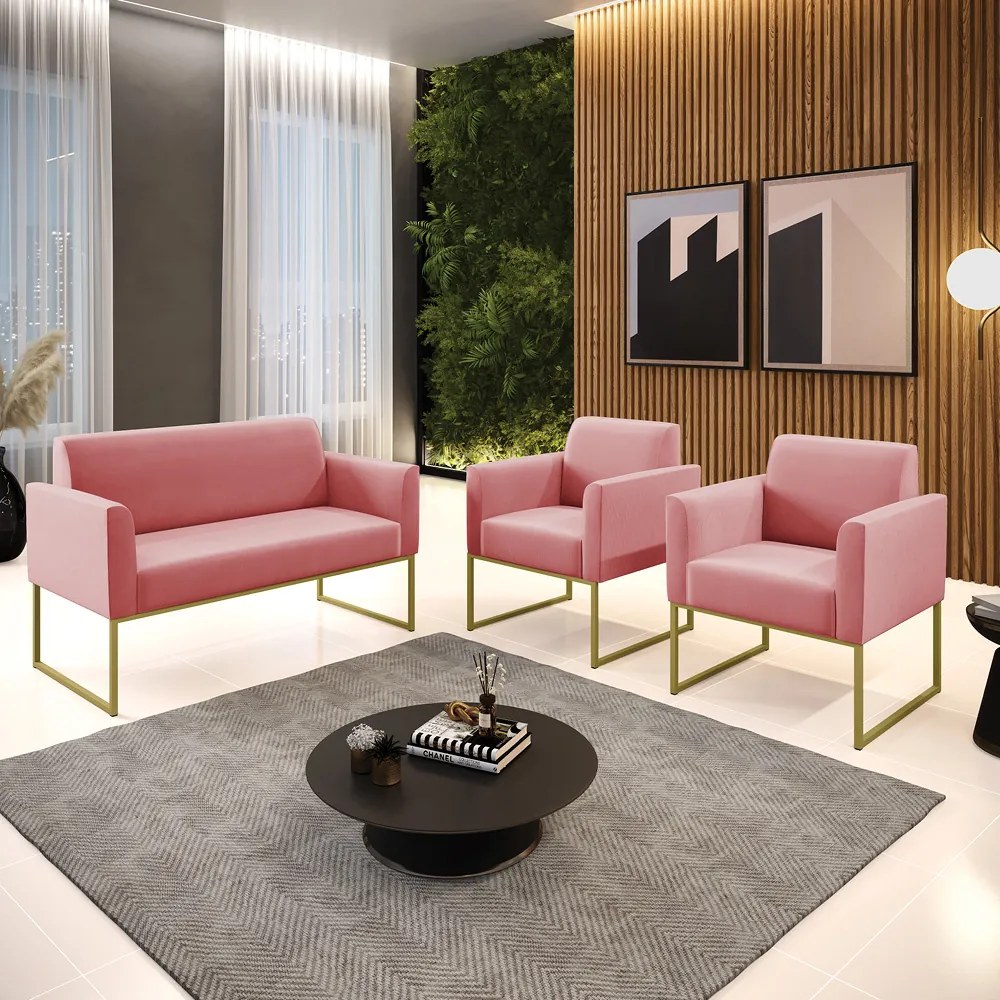 Sofá Namoradeira com 2 Poltronas Base Industrial Dourado Marisa Suede D03 - D'Rossi - Rose
