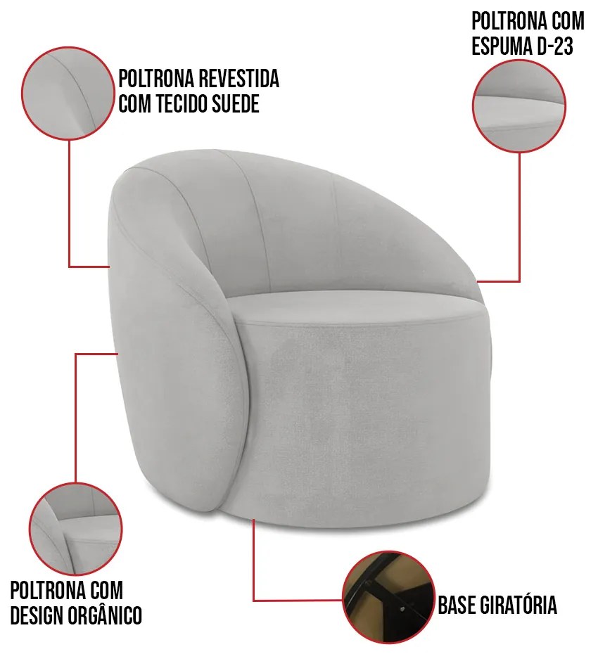 Poltrona Decorativa Orgânica Giratória Kit 2 Lua Suede D03 - D'Rossi - Cinza