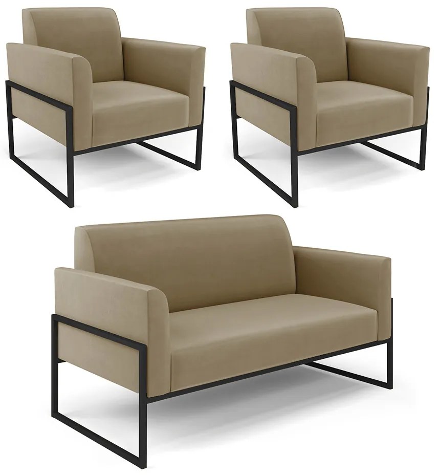Sofá Namoradeira com 2 Poltronas Base Industrial Alta Preto Marisa Suede D03 - DRossi - Marrom Rato