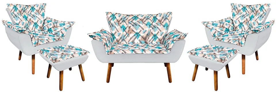 Kit 01 Namoradeira com 02 Poltronas e 02 Puffs Opala Composê Suede com Estampado Traçado Azul D33 Pés Palito Castanho - Cinza