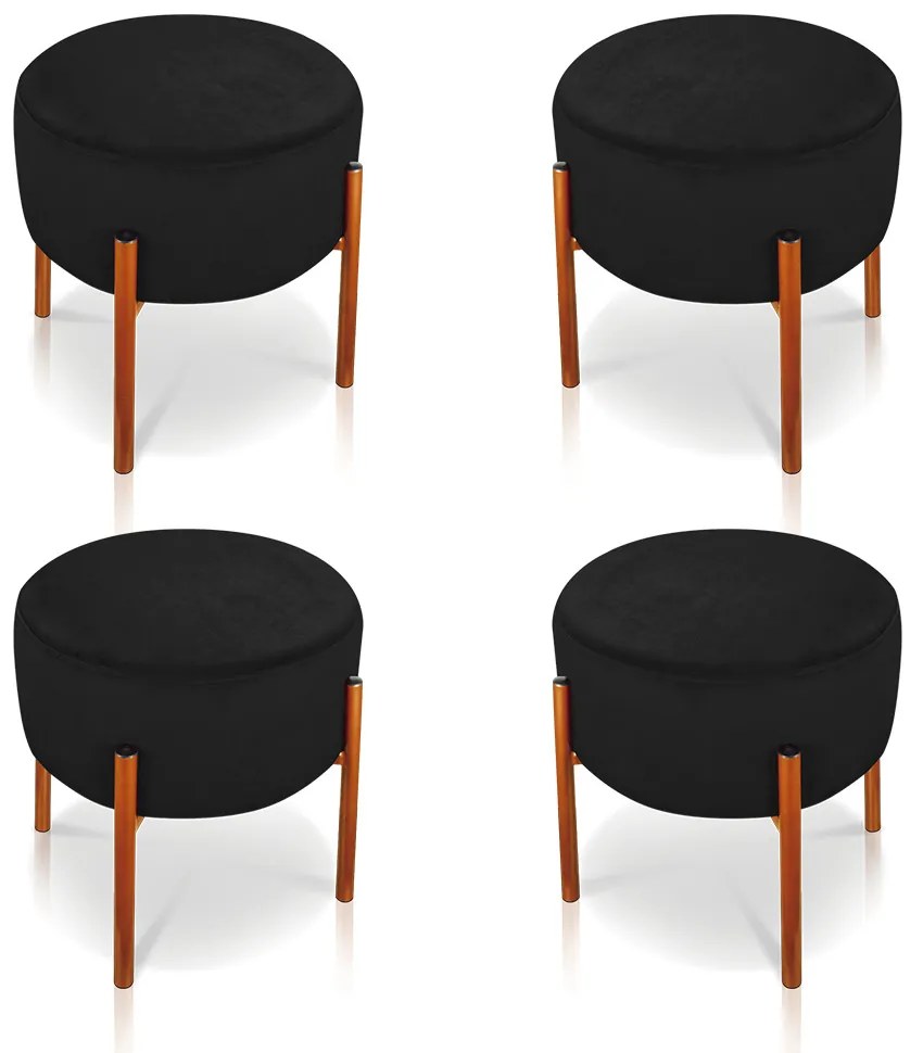 Kit 04 Puffs Iron Suede Base Metálica Cobre - Preto