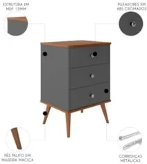 Mesa Cabeceira 35cm 3 Gavetas Pés Palito Thames Onix/Freijó E05 - Mpoz