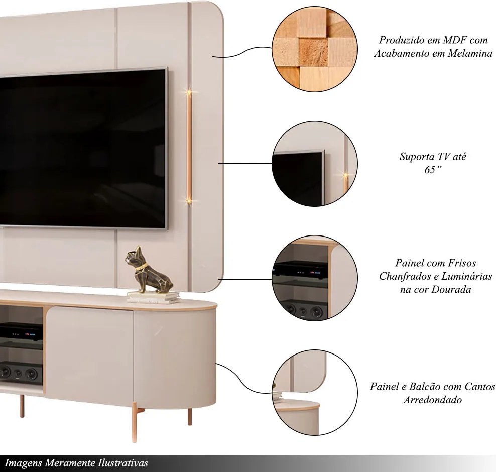 Painel e Bancada TV 65" 2 Portas Deep Luminárias Douradas Pés Metálicos OffWhite G18 - Gran Belo