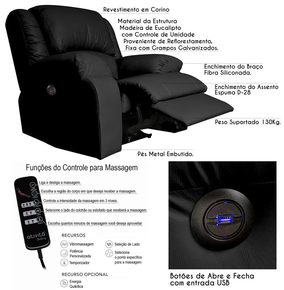 Poltrona do Papai Reclinável Elétrica com Massagem e USB Magnum PU Sintético Preto G23 - Gran Belo