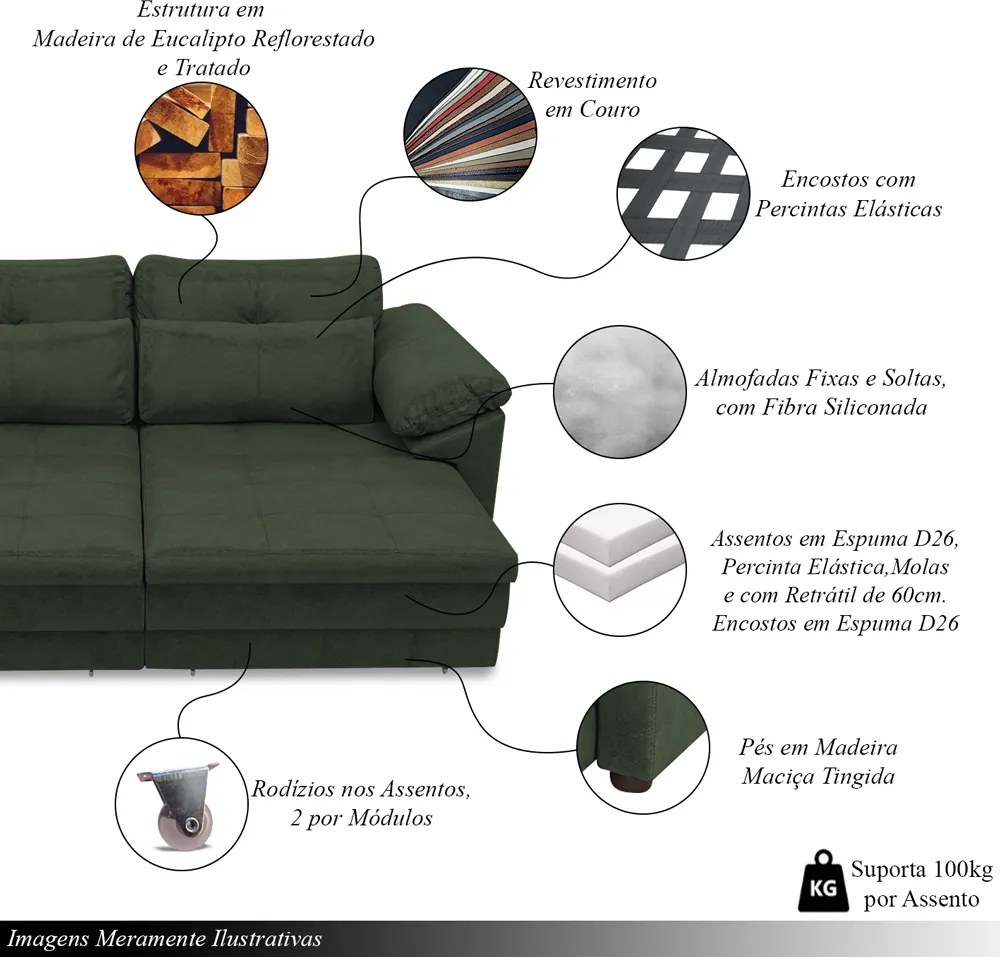 Sofá Retrátil Manual Sala de Estar Nolan Bipartido 250cm Conforto Premium em Couro Verde Manchado G58 - Gran Belo