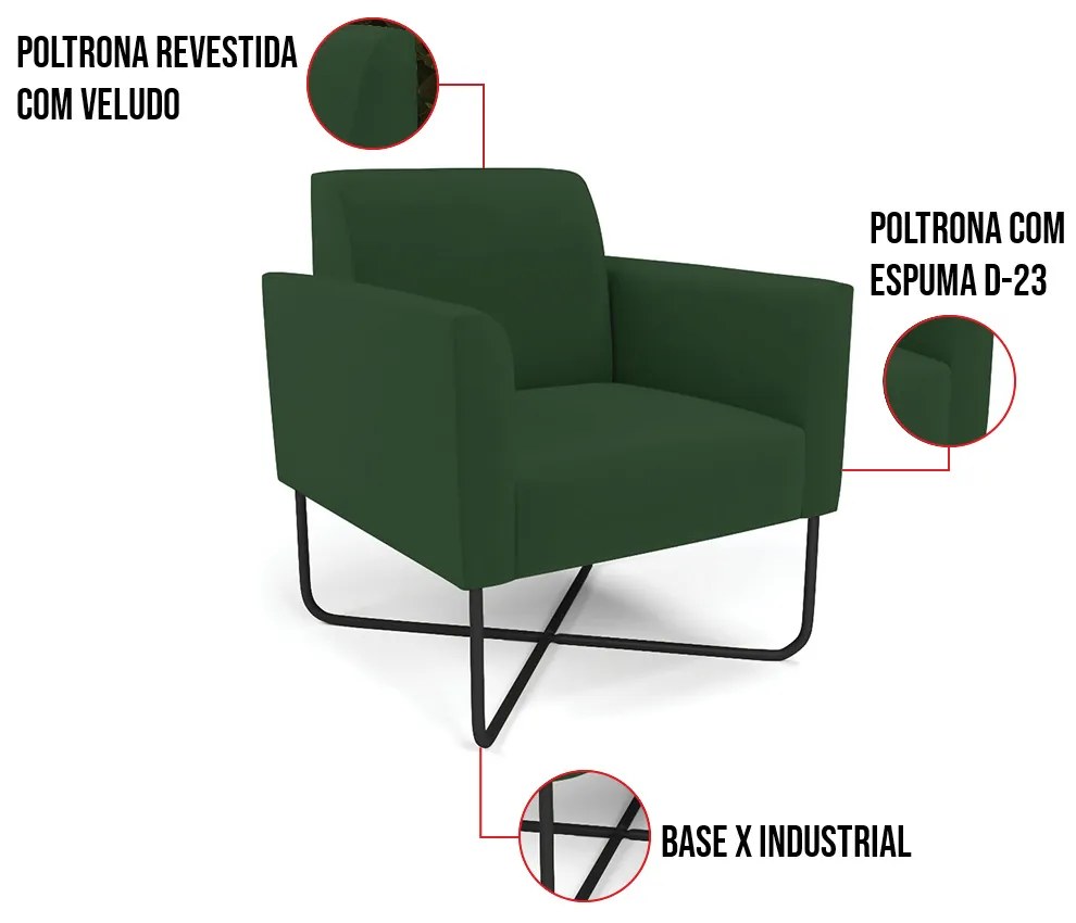 Kit 2 Poltronas Base X Industrial Preto Marisa Veludo D03 - D'Rossi - Verde
