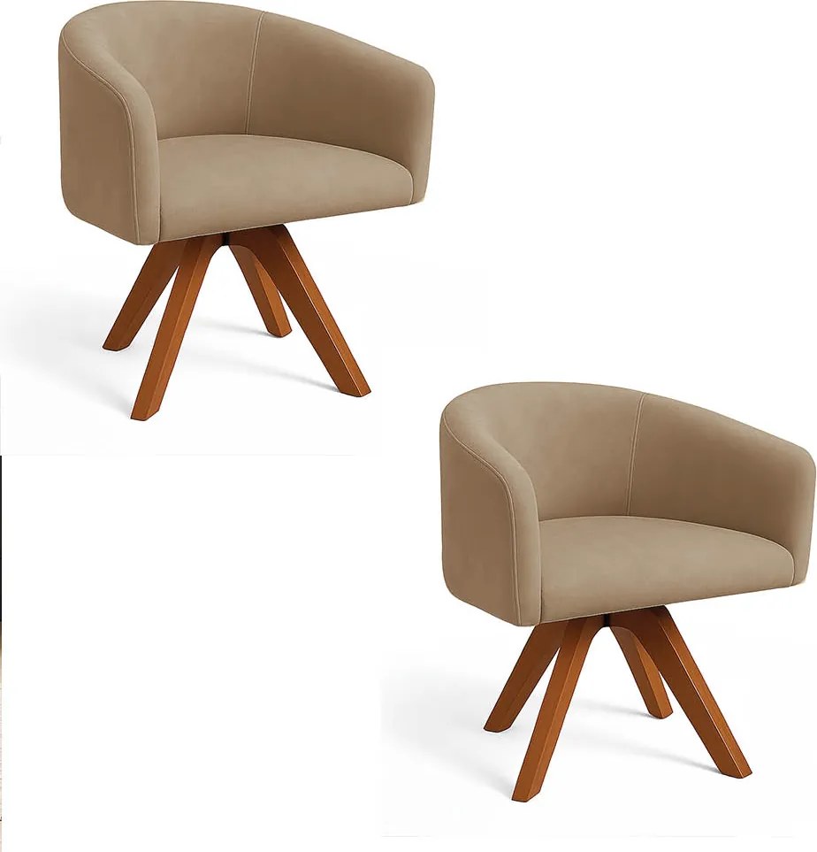 Poltrona Sala Base Giratória Madeira Kit 2 Arielle Suede Marrom Rato D03 - D'Rossi