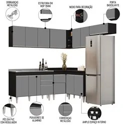 Armário de Cozinha Modulado de Canto 7 Peças CP21 com Pia Inox Preto/C