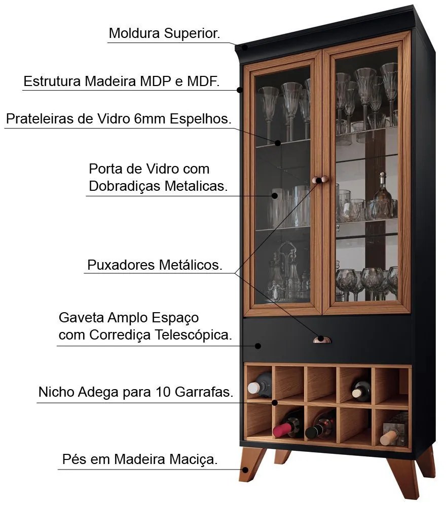 Conjunto Cristaleira Bar Adega e Buffet Aparador Balcão Albâni/Andorra Preto/Nature G26 - Gran Belo