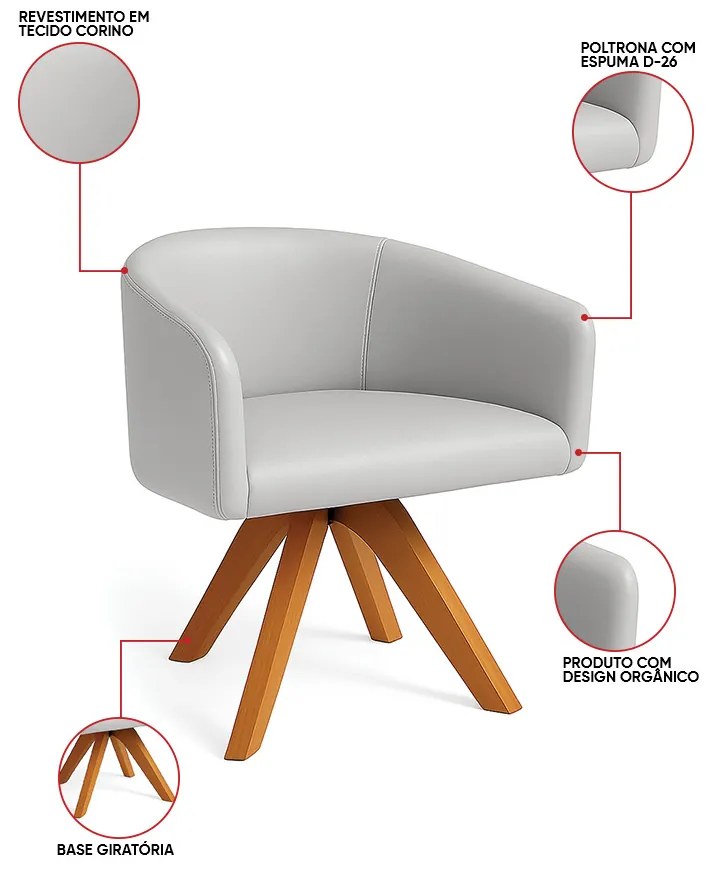 Poltrona Sala Base Giratória Madeira Arielle Sintético Cinza D03 - D'Rossi