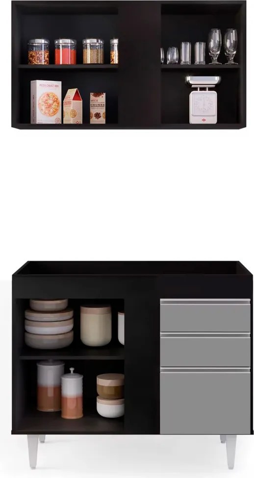 Kit Armário Aéreo e Balcão de Cozinha Lavanderia Aurora sem Tampo 100cm L06 - D'Rossi - Preto e Cinza
