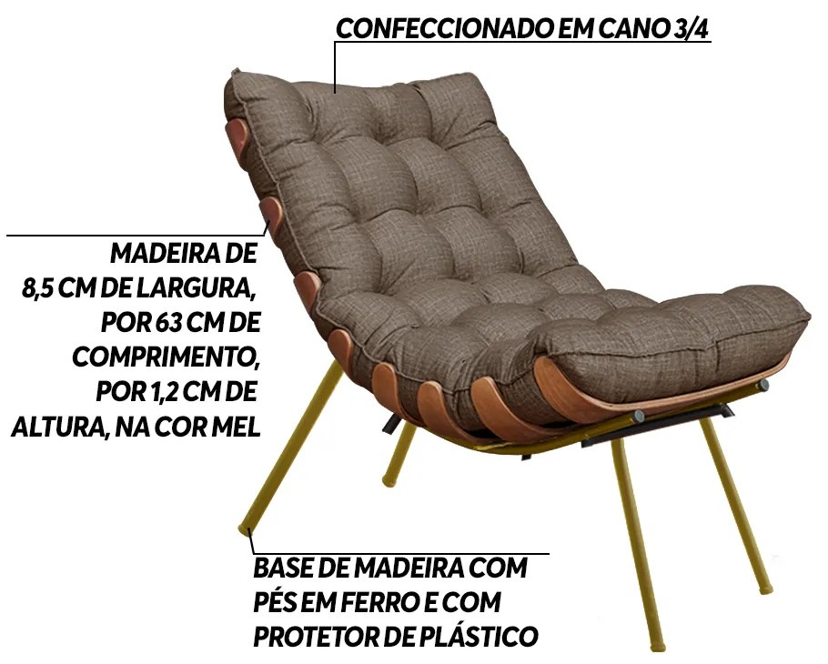 Poltrona Decorativa Sala de Estar Abel Base de Madeira Dourada Linho Marrom G41 - Gran Belo