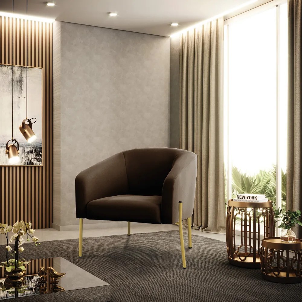 Poltrona Decorativa Pé de Ferro Dourado Kit 2 Stella Suede D03 - D'Rossi - Marrom