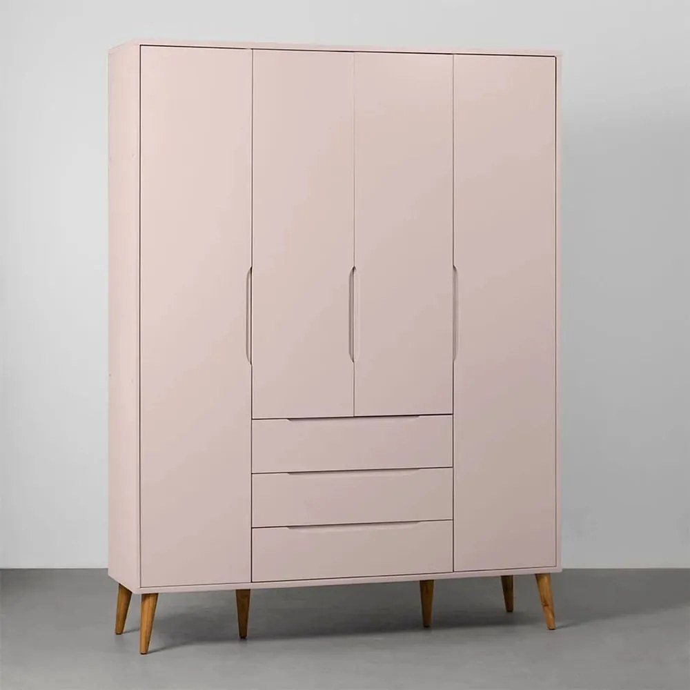 Guarda-Roupa Elfe 4 Portas e 3 Gavetas com Pés Retrô Mel - Rosa Fosco