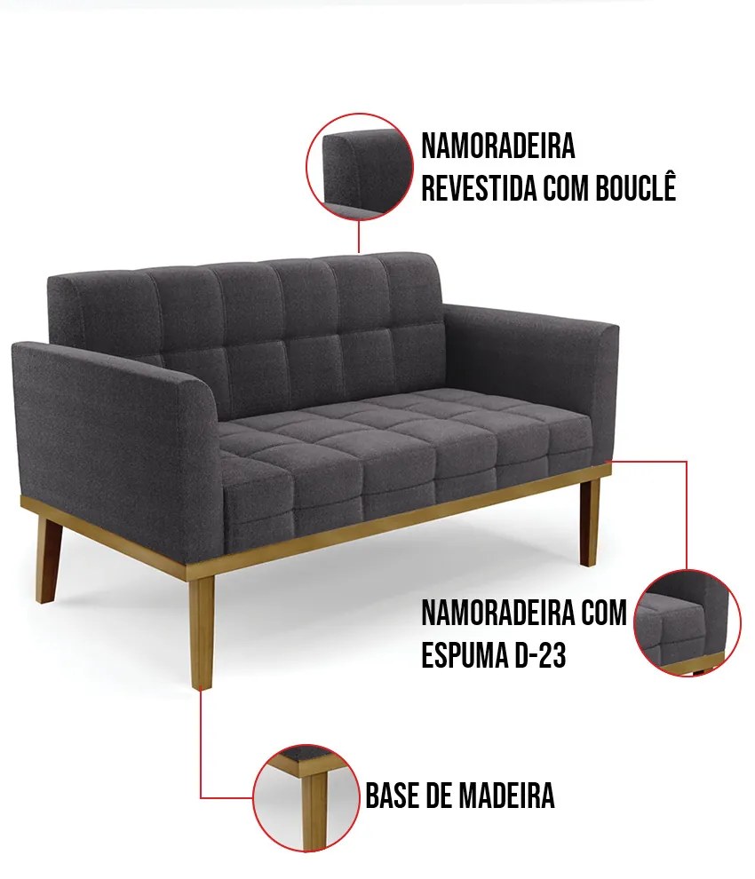 Sofá Namoradeira Base Madeira Fixa Castanho Elisa Bouclê D03 - DRossi - Grafite