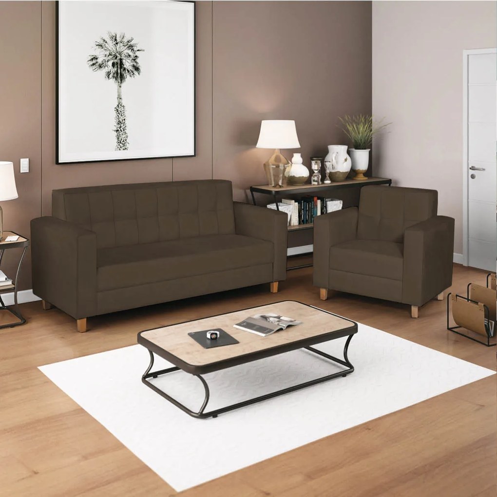 Kit Sofá 2 Lugares e 2 Poltronas Denver Suede Marrom - ADJ Decor
