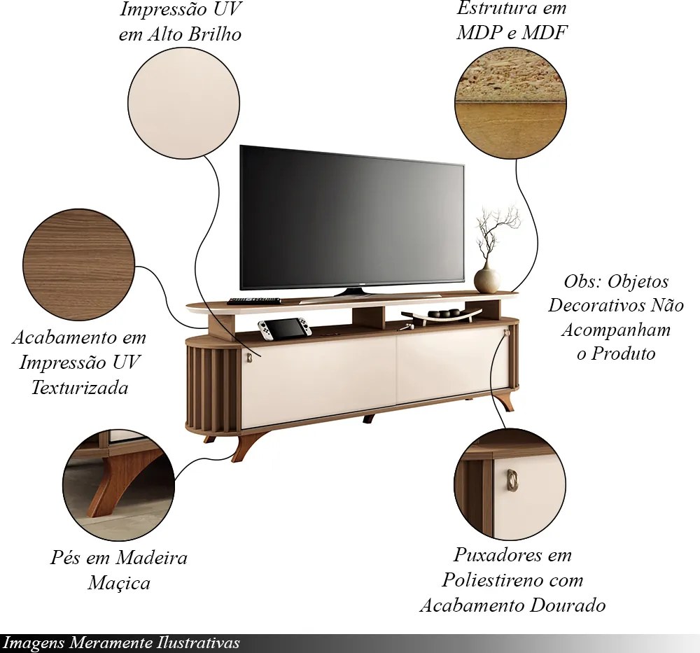 Bancada Decorativa Kirby 1.8 TV até 70 Pol. Ripada Castanho/Off White G26 - Gran belo