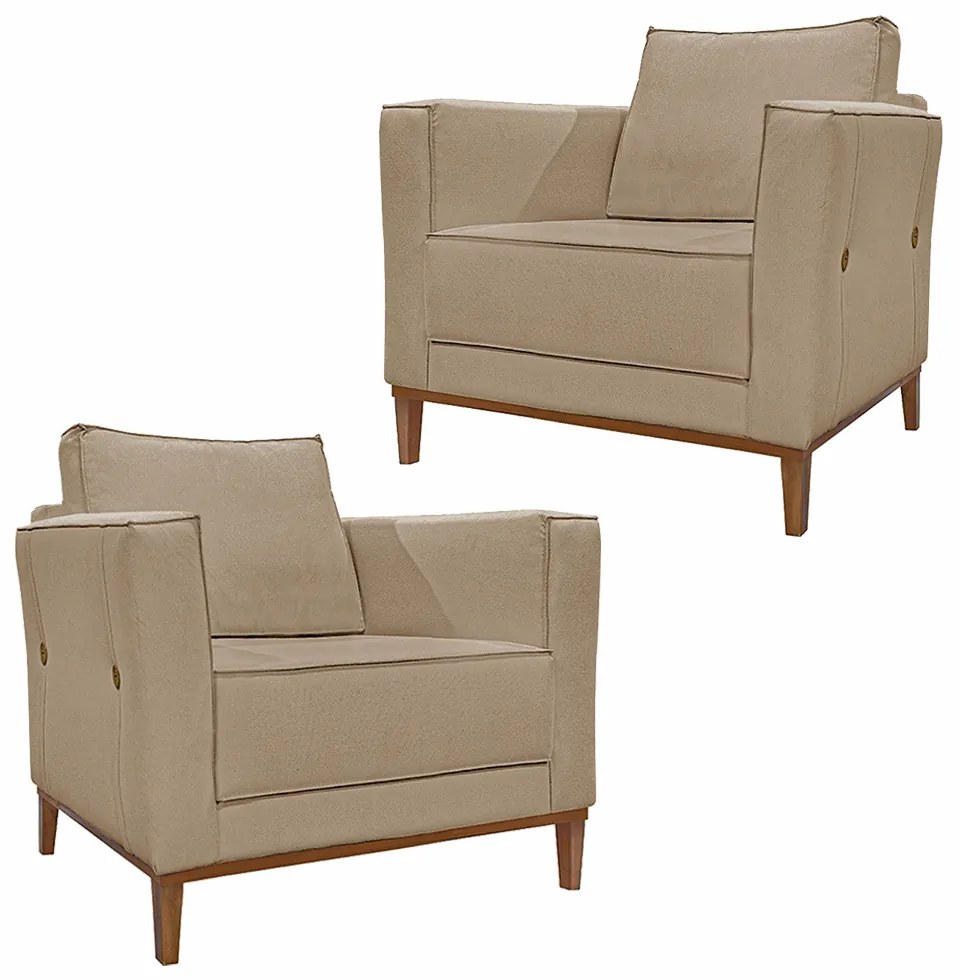Kit 2 Poltronas Decorativas Pés em Madeira Tarantino Linho Bege G63 - Gran Belo