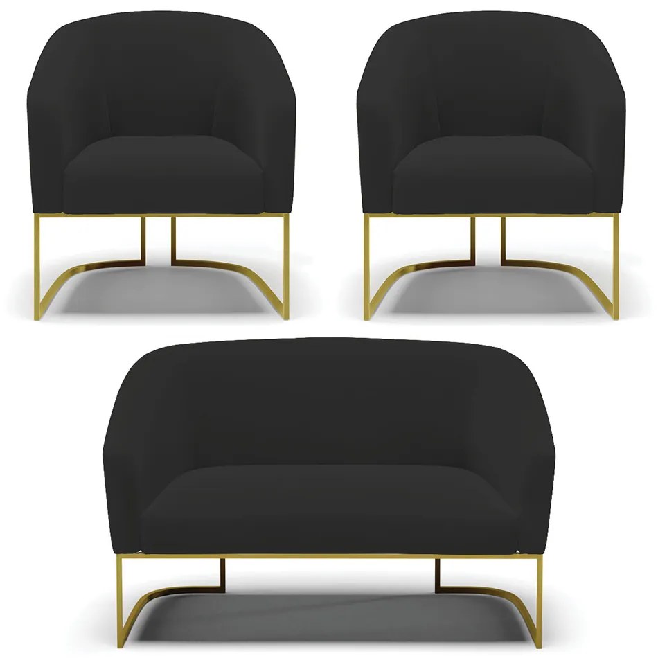 Namoradeira e 2 Poltronas Industrial Dourado Stella Veludo D03 - D'Rossi - Preto