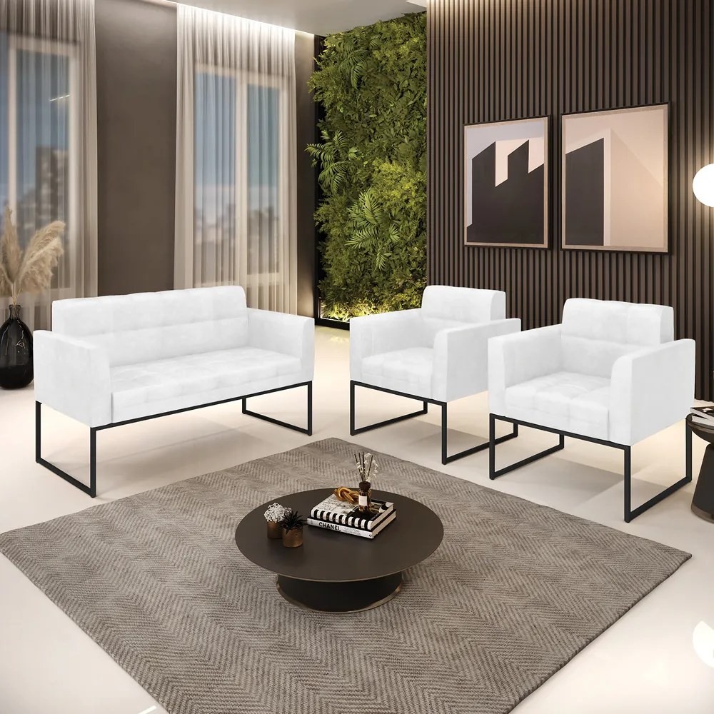 Kit 1 Sofá Namoradeira e 2 Poltronas Elisa Corano Branco Base Metálica Industrial Preto - D'Rossi