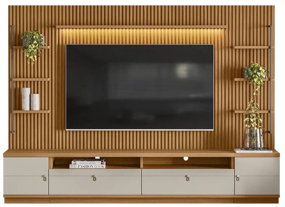 Estante Home Ripado 268cm Aloha para TV até 75 Nature/Off WHite G77 - Gran Belo
