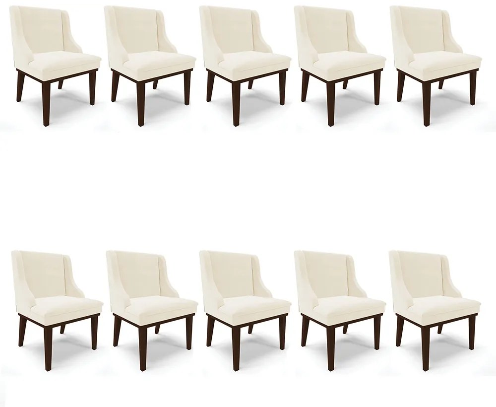 Kit 10 Cadeiras de Jantar Liz Veludo Bege Base Fixa Madeira Tabaco D03 - D'Rossi
