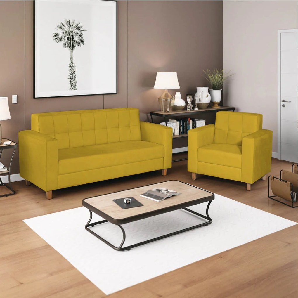 Kit Sofá 2 Lugares e 2 Poltronas Denver Suede Amarelo - ADJ Decor