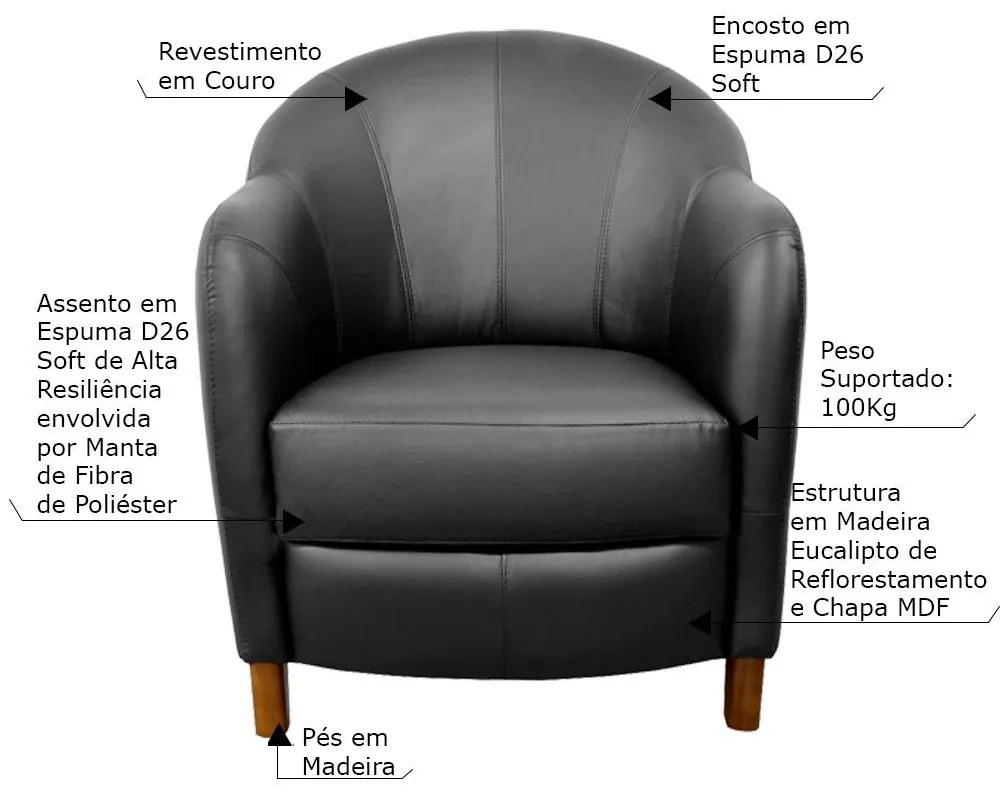 Kit 4 Poltronas Decorativas Sala de Estar Pés Madeira Kairós Couro Preto G03 - Gran Belo