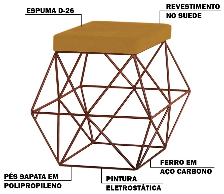 Puff Decorativo Sala de Estar Base Bronze Trixie Suede Mostarda G41 - Gran Belo