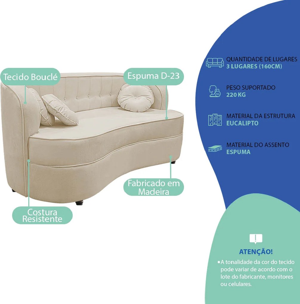 Sofá Curvo 2 Lugares Orgânico Sala Recepção Escritório Decorativo Luxo Panamá 160cm Bouclé