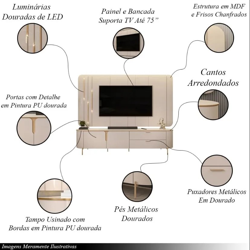 Painel com Bancada Celine Pés Metalicos em Dourado 241cm com LED Off White G18 - DJ Móveis