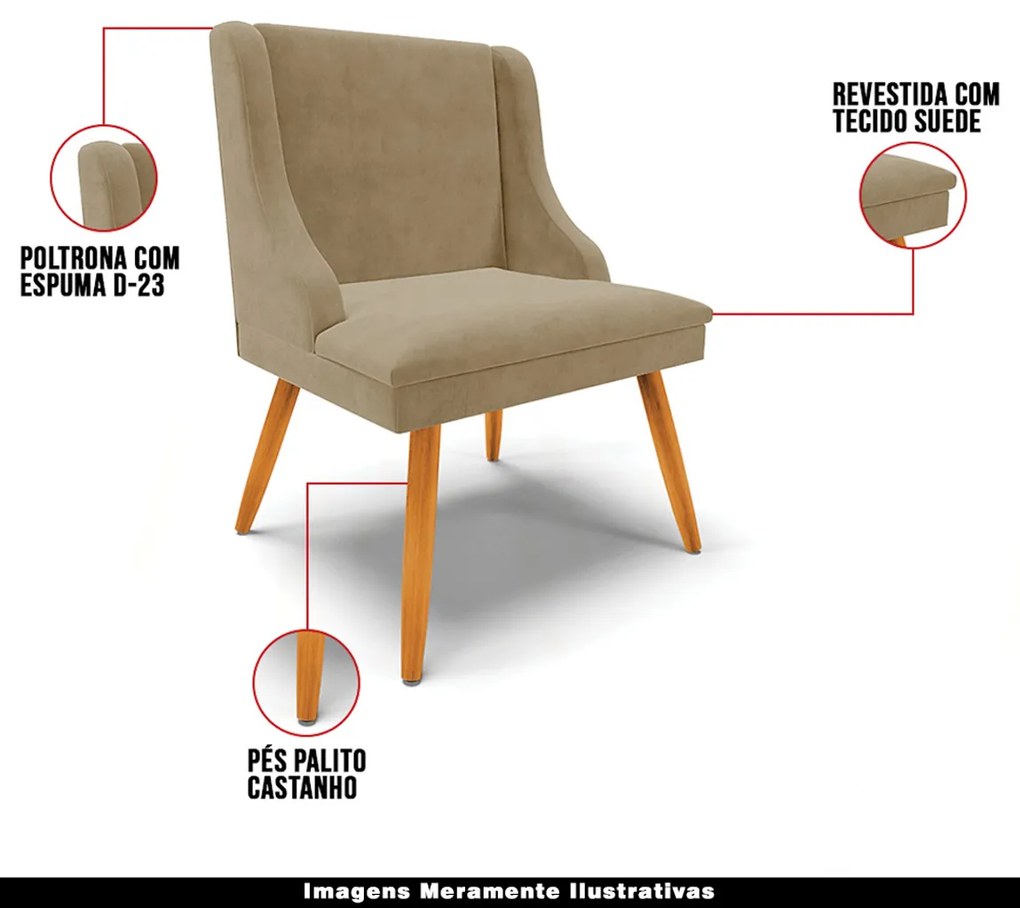 Kit 4 Cadeiras Decorativas Sala de Jantar Pés Palito de Madeira Firenze Suede Nude/Natural G19 - Gran Belo