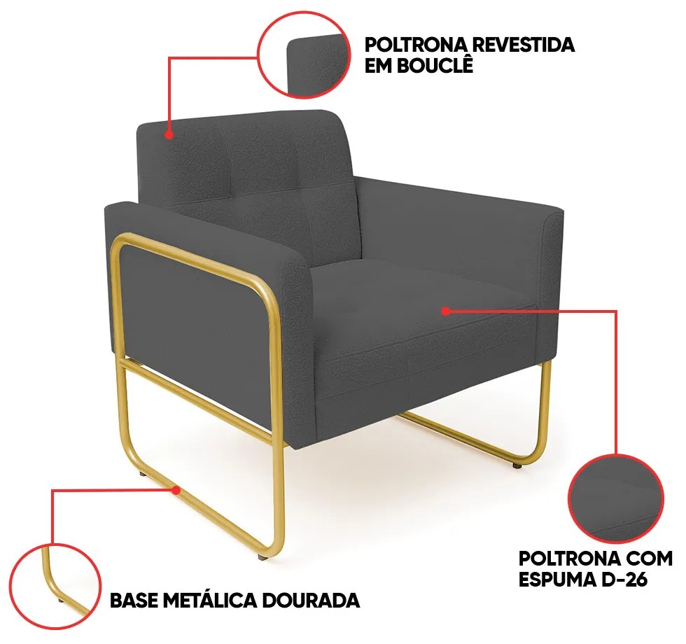 Poltrona Sala Industrial Alta Tubo Dourado Elisa Bouclê D03 - D'Rossi - Grafite