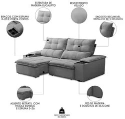 Sofá Retrátil 3 Lugares com Porta Copo 210cm Malta F05 Veludo Cinza -