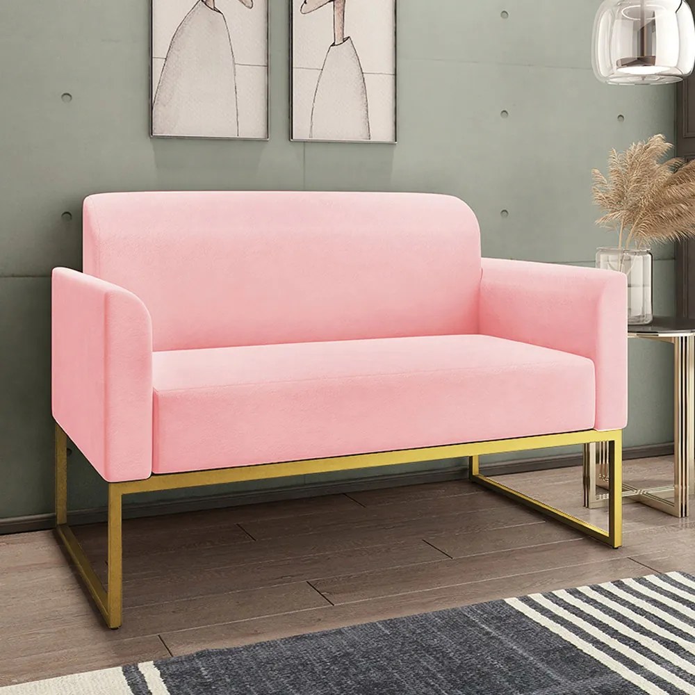 Conjunto Namoradeira e Poltrona Decorativa Isabella Base Industrial Suede Rosa Bebê/Dourado G19 - Gran Belo