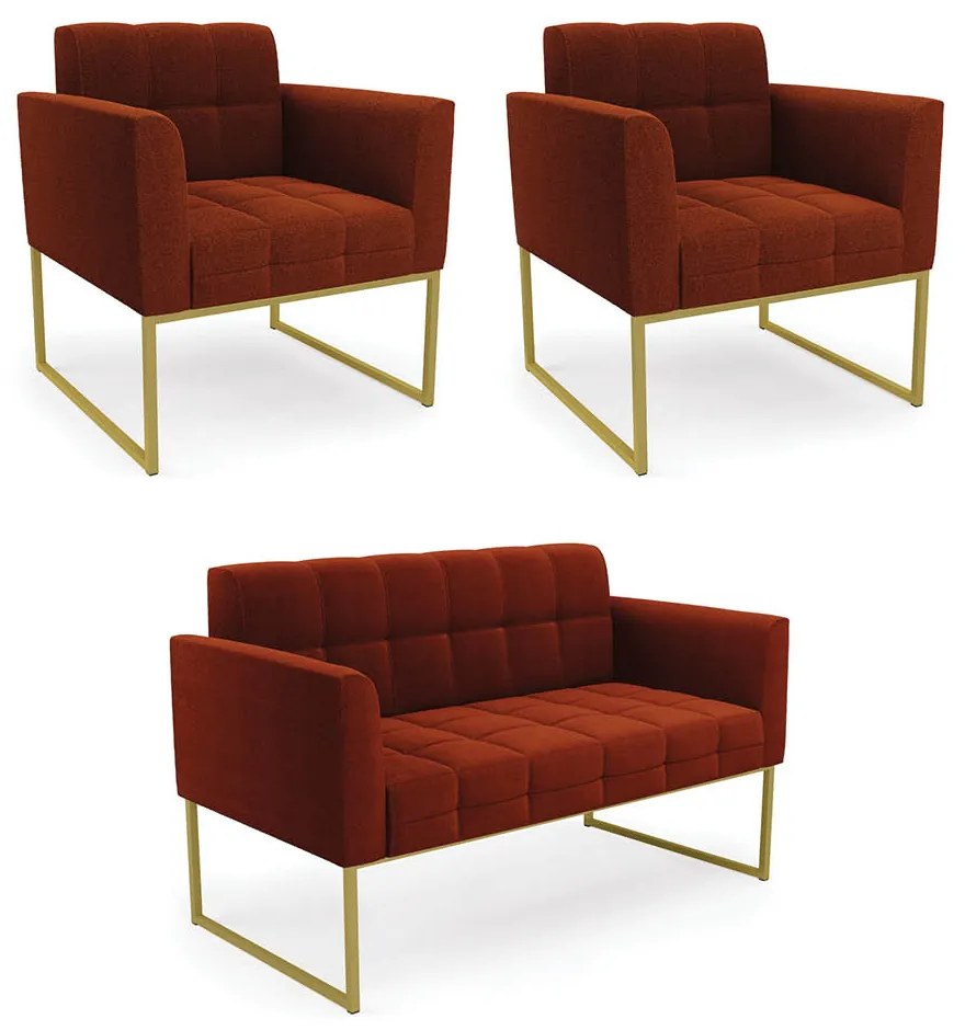 Namoradeira e 2 Poltronas Industrial Dourado Elisa Bouclê D03 - DRossi - Terra