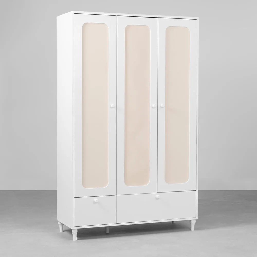 Guarda-Roupa Rattan 3 Portas e 2 Gavetas - Branco