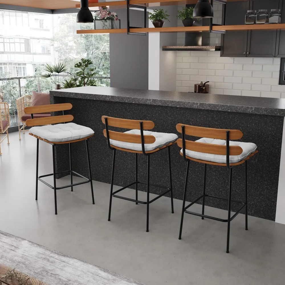 Banqueta Costela Linho Base Metálica Preto - DRossi - A05 Cinza Claro
