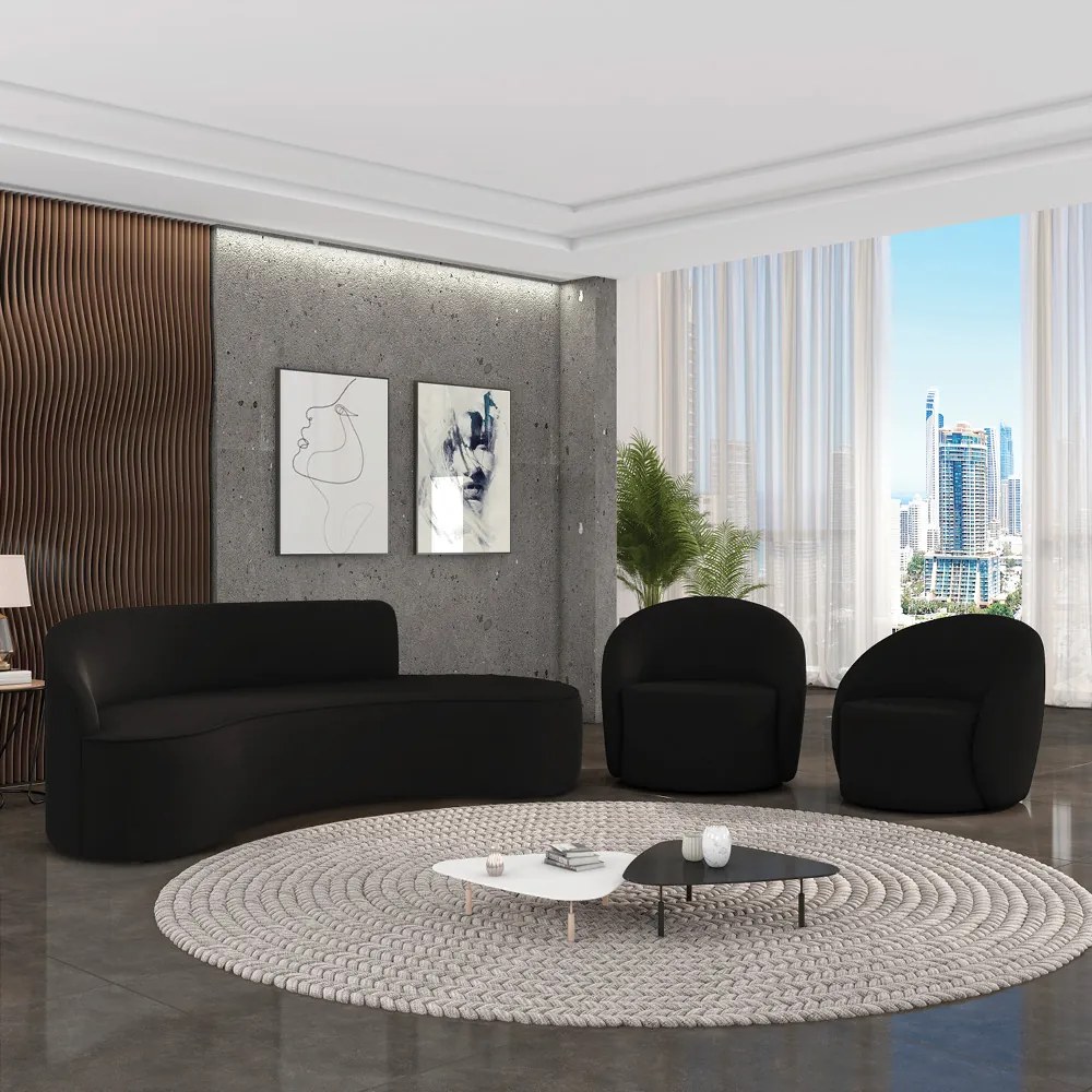 Sofá 4 Lugares Orgânico 220cm Morgan e 2 Poltronas Lua Suede D03 - D'Rossi - Preto