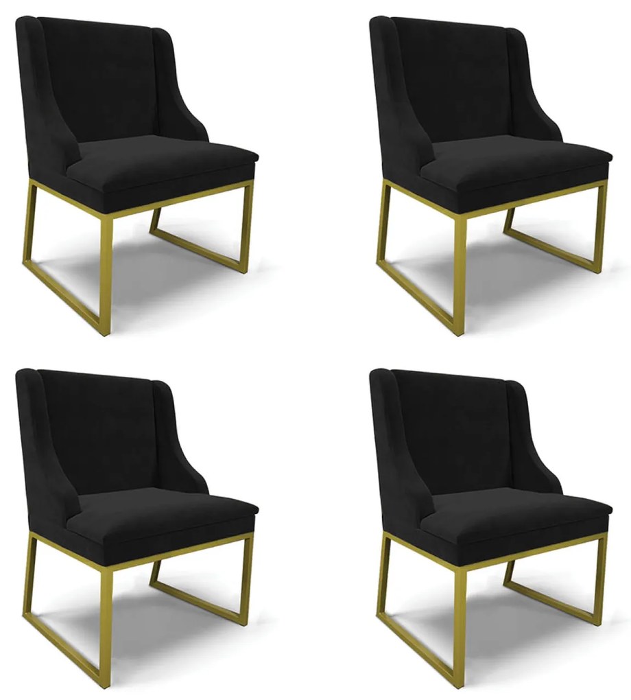 Cadeira Sala de Jantar Industrial Dourado Kit 4 Liz Suede D03 - D'Rossi - Preto