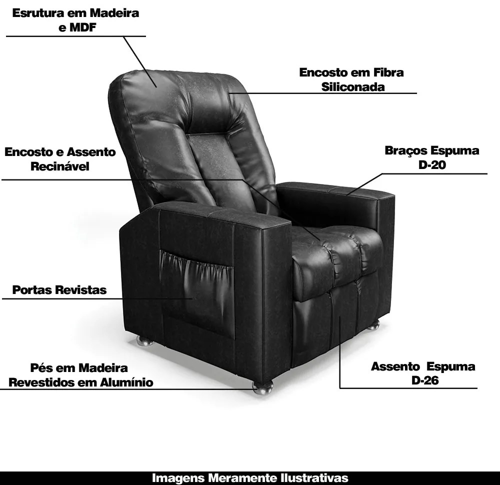 Poltrona do Papai Reclinável Sala de Cinema Pequim Manual PU Preto G23 - Gran Belo