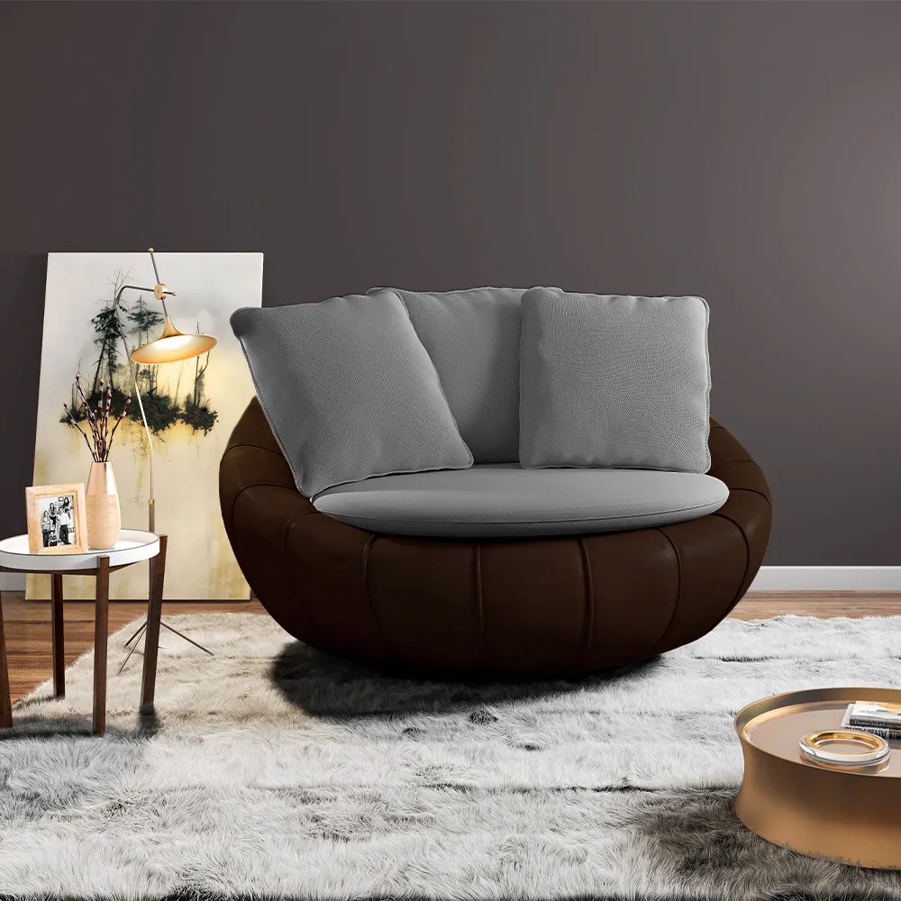 Poltrona Sala de Estar Afrodite com Almofadas Giratória Cinza Marrom Manchado Linho/PU G45 - Gran Belo