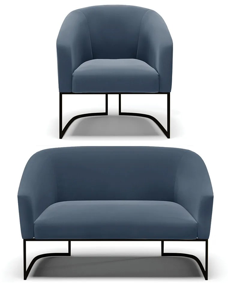 Sofá Namoradeira e Poltrona Base Industrial Preto Stella Suede Azul Marinho D03 - D'Rossi
