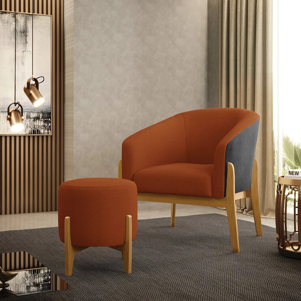 Poltrona e Puff Decorativo Base Madeira Stella PU Preto/Bouclê D03 - D'Rossi - Terra