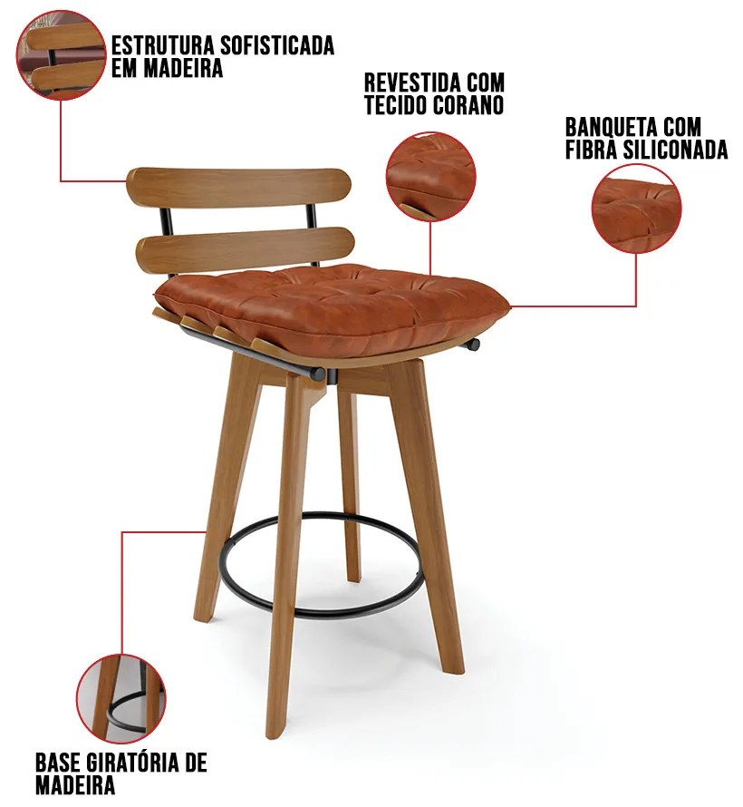 Banqueta Giratória Costela Corano Base Madeira MA70 M11 - D'Rossi - Nozes