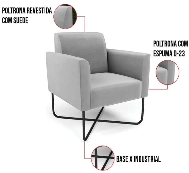 Kit 2 Poltronas Base X Industrial Preto Marisa Suede - Cinza