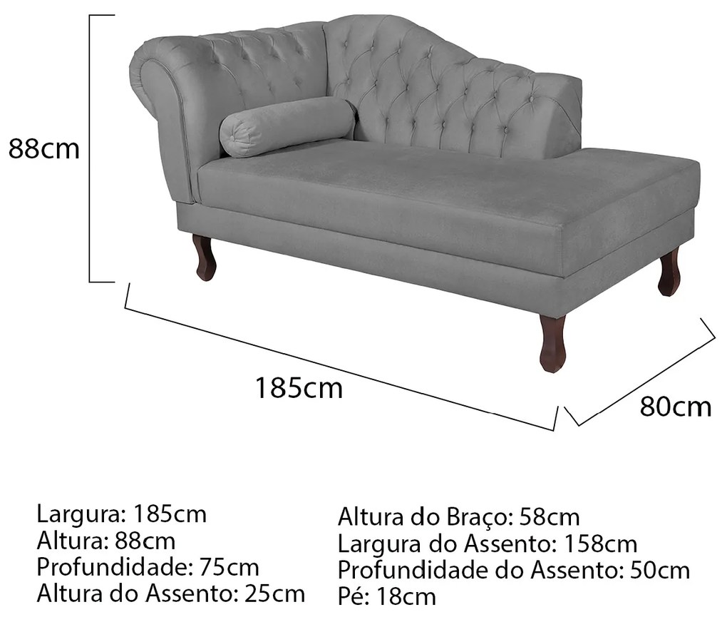 Recamier Diana 185cm Lado Direito Suede Cinza - ADJ Decor
