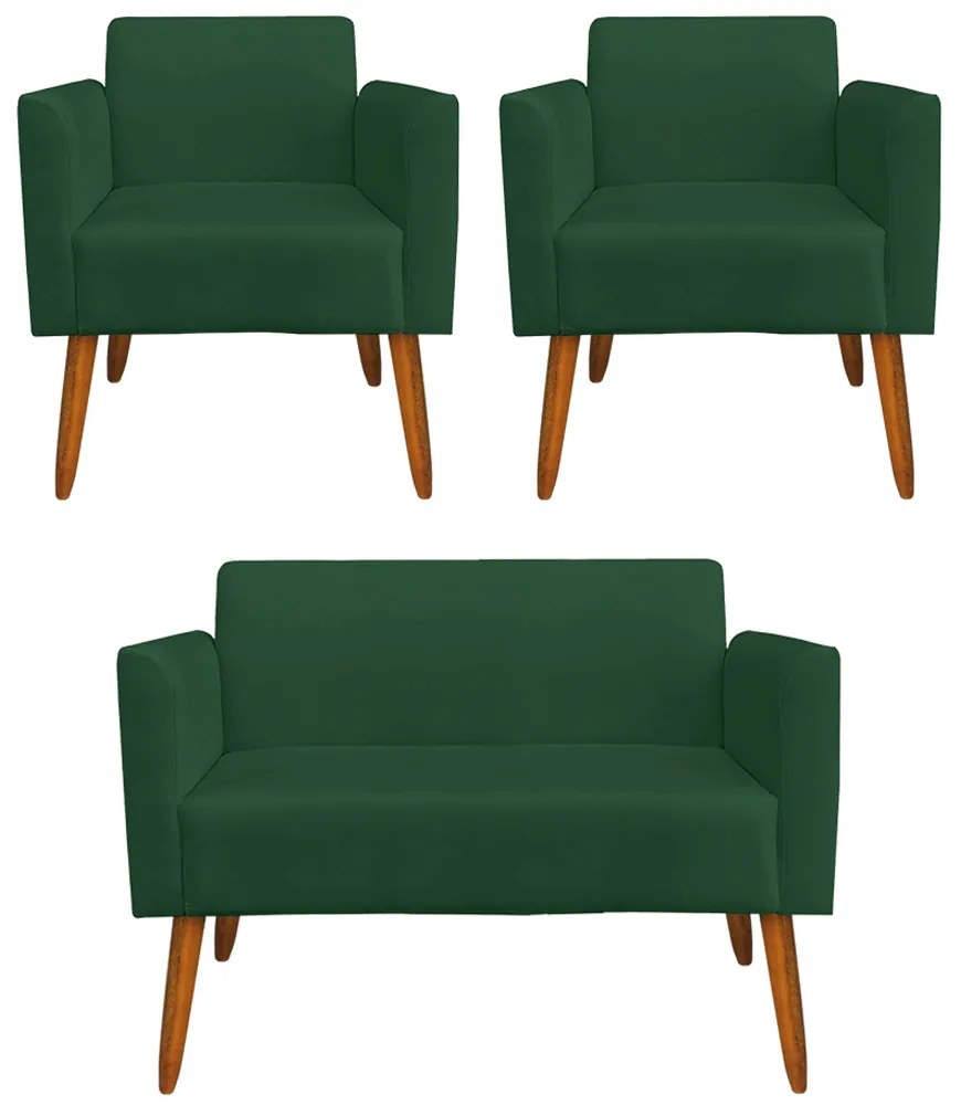 Conjunto Namoradeira e 2 Poltronas Decorativas Isabella Pés Palito Madeira Suede Verde G19 - Gran Belo