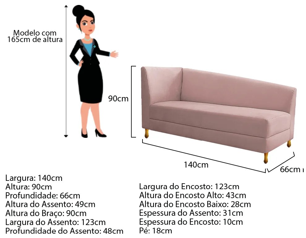 Recamier Valéria 140cm Lado Direito Suede Rosê - ADJ Decor